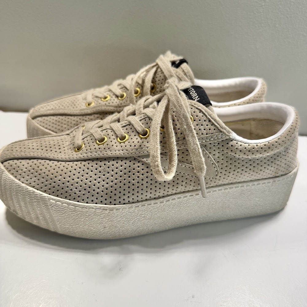 Tretorn Women's Sneaker 6 Tan Leather Platform Preppy